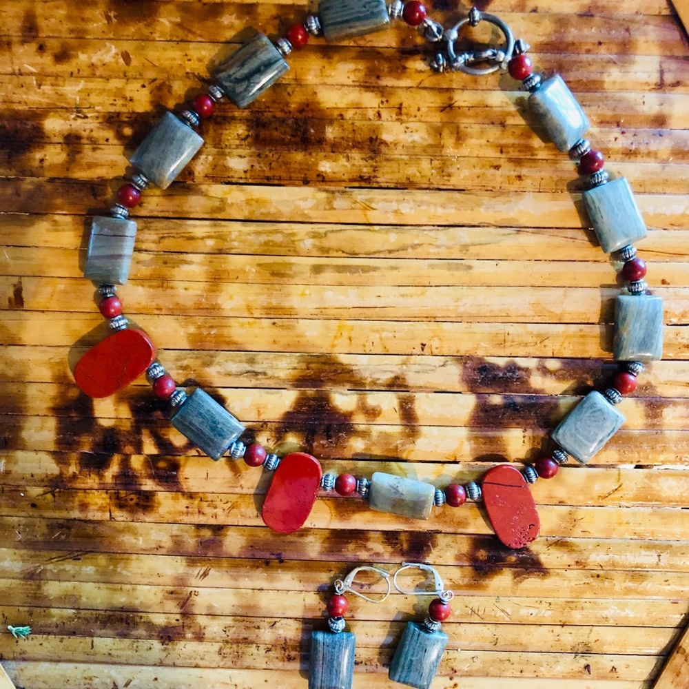 Grey and Red Jasper Necklace and Earring Set